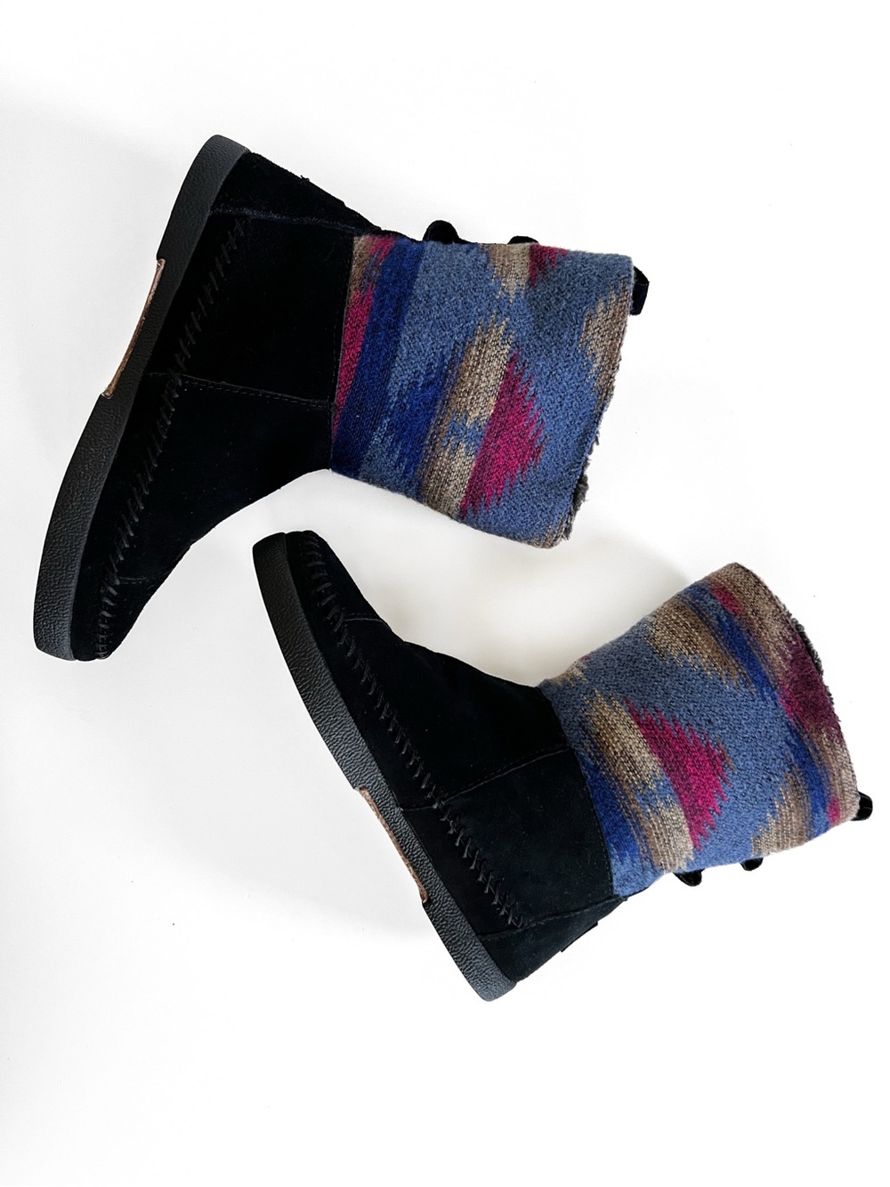 Toms Black Suede Moccasin Boots with Knit Cuff